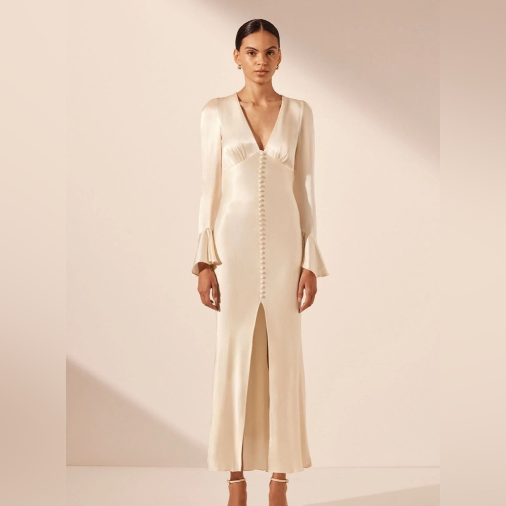 Shona Joy La Lune Frill Cuff Bias Midi Dress in Cream
